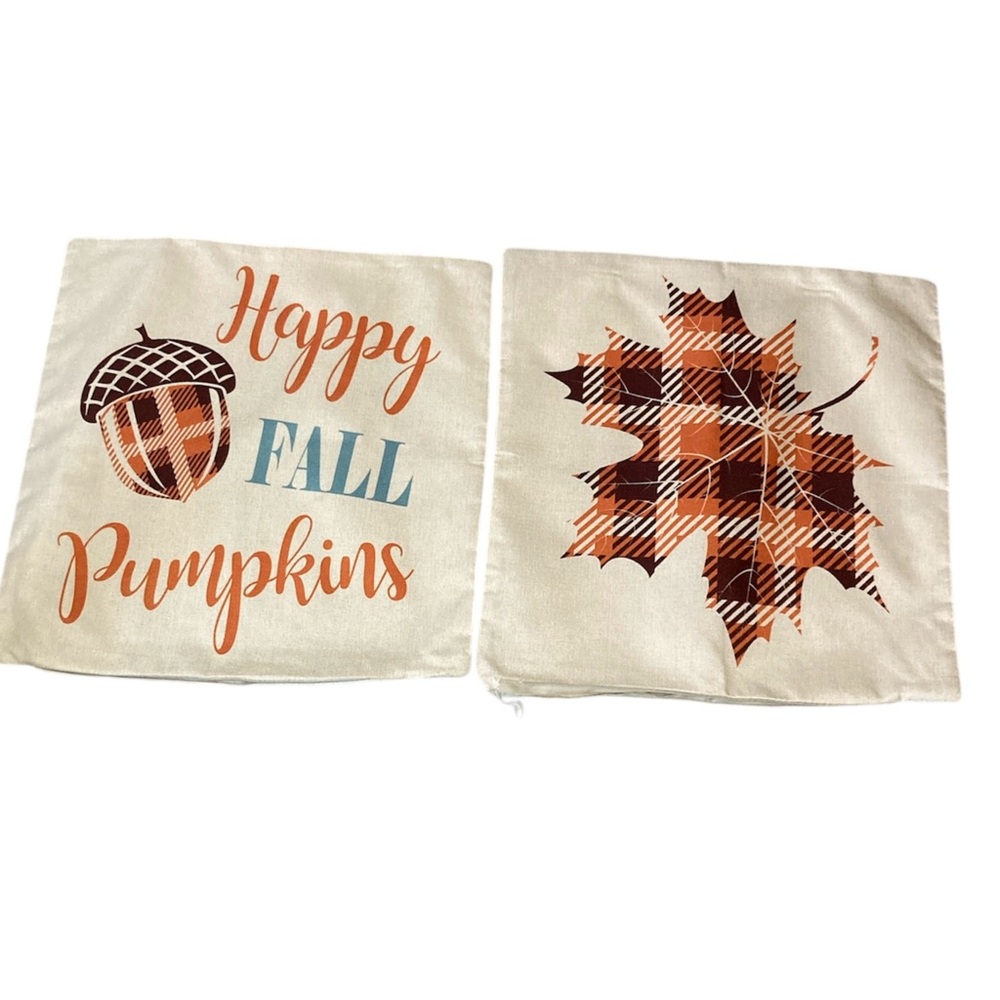 Fall Pillow Covers Happy Fall Pumpkins Plaid Leaf 17” x 17” Farmhouse Lot of 2